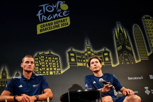 Dutch Mathieu van der Poel of Alpecin-Premier Tech and Belgian Jasper Philipsen of Alpecin-Premier Tech pictured during a press conference, PK, Pressekonferenz ahead of the 2026 Tour de France cycling race, Thursday 02 July 2026, in Barcelona, Spain. The 113th edition of the Tour de France starts on Saturday 4 July in Barcelona, Spain, and will finish in Paris, France on the 26th of July. DAVIDxPINTENS  x180181062x