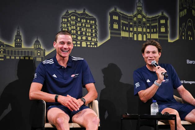 July 2, 2026, Barcelona, Turin, SPAIN: BARCELONA, SPAIN - JULY 04 : ..Mathieu Van Der Poel and Jasper Philipsen during the 113th Tour De France Captain s press conference, PK, Pressekonferenz at Recinte Modernista Barcelona SPAIN - ZUMAm214 0860587038st Copyright: xMatteoxSeccix