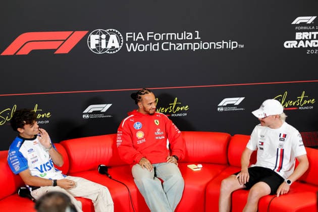 F1 - BRITISH GRAND PRIX 2026 HAMILTON Lewis (gbr), Scuderia Ferrari SF-26, portrait, LINDBLAD Arvid (gbr), Visa Cash App RB F1 Team VCARB03, portrait, BOTTAS Valtteri (fin), Cadillac F1 Team MAC-26, portrait press conference, PK, Pressekonferenz during the Formula 1 British Grand Prix 2026, 9th round of the 2026 Formula One World Championship, WM, Weltmeisterschaft from July 3 to 5, 2026 on the Silverstone Circuit, in Silverstone, United Kingdom - SilverstoneUnited Kingdom  Copyright: xPauloxMariax