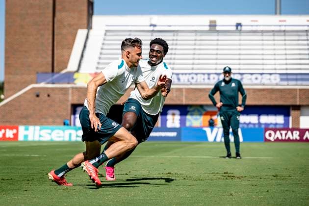 DALLAS - (lr) Paul Okon Engstler of Australia and Awer Mabil of Australia during the 2026 World Cup, training with Australia at Washburne Soccer and Track Stadium on July 2, 2026 in Dallas, United States. (Photo by Stefan Koops EYE4IMAGES DeFodi Images) - *** DALLAS — Paul Okon Engstler of Australia and Awer Mabil of Australia, during the 2026 World Cup, training with the Australian national team at Washburne Soccer and Track Stadium on July 2, 2026, in Dallas, United States. Photo by Stefan Koops, EYE4IMAGES, DeFodi Images