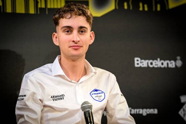 French Paul Seixas of Decathlon CMA CGM Team pictured during a press conference, PK, Pressekonferenz ahead of the 2026 Tour de France cycling race, Thursday 02 July 2026, in Barcelona, Spain. The 113th edition of the Tour de France starts on Saturday 4 July in Barcelona, Spain, and will finish in Paris, France on the 26th of July. DAVIDxPINTENS  x180183743x
