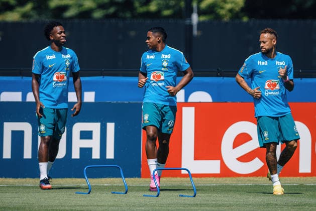 Treino da Seleção Brasileira NOVA JERSEY, NJ - 02.07.2026: TREINO DA SELEcaO BRASILEIRA - Vini Jr, Endrick and Neymar Jr during a training session with the Brazilian national team, Nationalteam at the New York Red Bulls training center in Morristown, New Jersey, United States. The Brazilian team will face Norway on Sunday in the Round of 16 of the 2026 FIFA World Cup, WM, Weltmeisterschaft, Fussball (Photo: Marcelo Machado de Melo Fotoarena) x2977050x  MarceloxMachadoxdexMelo