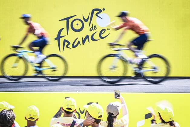 This picture shows the Tour de France logo at the team presentation of the 2026 Tour de France cycling race, Thursday 02 July 2026, in Barcelona, Spain. The 113th edition of the Tour de France starts on Saturday 4 July in Barcelona, Spain, and will finish in Paris, France on the 26th of July. JASPERxJACOBS  x180184534x