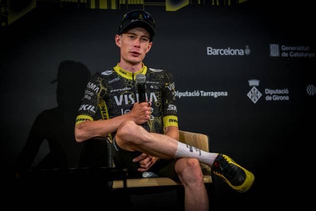 Danish Jonas Vingegaard Hansen of Team Visma-Lease a Bike pictured during a press conference, PK, Pressekonferenz ahead of the 2026 Tour de France cycling race, Thursday 02 July 2026, in Barcelona, Spain. The 113th edition of the Tour de France starts on Saturday 4 July in Barcelona, Spain, and will finish in Paris, France on the 26th of July. DAVIDxPINTENS  x180184952x