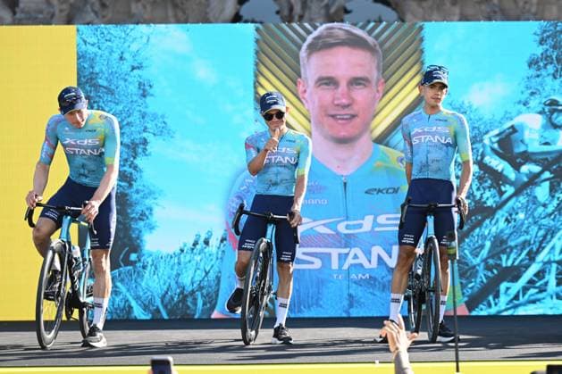 Tour de France 2026 Media Activities 02 07 2026 BARCELONA, SPAIN - JULY 02 : Higuita Sergio (COL) of XDS Astana Team on the podium pictured during the teams presentation prior to the 113rd edition of Tour de France an UCI World Tour 2.UWT Team Time Trial stage for Men Elite of 19 km with start in Barcelona and finish in Barcelona on July 2, 2026 in Barcelona, Spain, 02 07 2026 Barcelona Spain  Copyright: xSzymonxGruchalskix