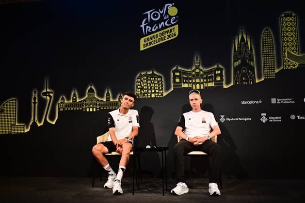 Tour de France 2026 Media Activities 02 07 2026 BARCELONA, SPAIN - JULY 02 : Del Toro Isaac (MEX) of UAE Team Emirates XRG, Pogacar Tadej (SLO) of UAE Team Emirates XRG speaking with the media during a press conference, PK, Pressekonferenz prior to the 113rd edition of Tour de France 2026, on July 2, 2026 in Barcelona, Spain, 02 07 2026 Barcelona Spain  Copyright: xPeterxDexVoechtx