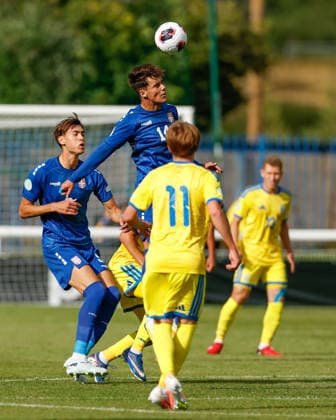 Bangor, Wales, 2nd July 2026. Vasilije Novicic of Serbia heads the ball during the Serbia U19 vs Ukraine U19 UEFA European U19 Championship match at Bangor City Stadium, Bangor. Picture credit should read: Cody Froggatt Sportimage EDITORIAL USE ONLY. No use with unauthorised audio, video, data, fixture lists, club league logos or live services. Online in-match use limited to 120 images, no video emulation. No use in betting, games or single club league player publications. SPI_009_CF_SERBIA_U19_V_UKRAINE_U19 SPI-4851-0009