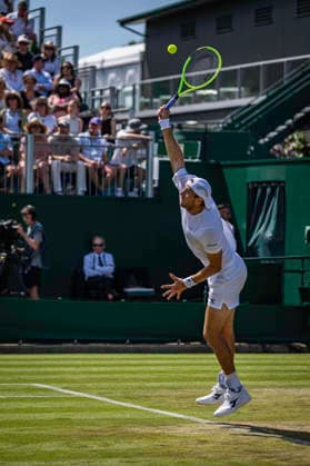 RECORD DATE NOT STATED 2nd July 2026; All England Lawn Tennis and Croquet Club, London, England; Wimbledon Tennis Tournament, Day Four; Jan-Lennard Struff (GER) serves in his second round match against Brandon Nakashima (USA) GodfreyxPitt