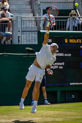 RECORD DATE NOT STATED 2nd July 2026; All England Lawn Tennis and Croquet Club, London, England; Wimbledon Tennis Tournament, Day Four; Brandon Nakashima (USA) serves in his second round match against Jan-Lennard Struff (GER) GodfreyxPitt