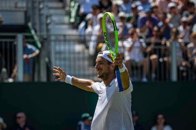RECORD DATE NOT STATED 2nd July 2026; All England Lawn Tennis and Croquet Club, London, England; Wimbledon Tennis Tournament, Day Four; Jan-Lennard Struff (GER) celebrates winning his second round match against Brandon Nakashima (USA) GodfreyxPitt
