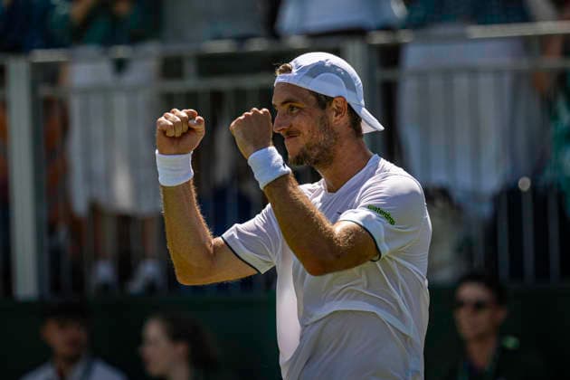RECORD DATE NOT STATED 2nd July 2026; All England Lawn Tennis and Croquet Club, London, England; Wimbledon Tennis Tournament, Day Four; Jan-Lennard Struff (GER) celebrates winning his second round match against Brandon Nakashima (USA) GodfreyxPitt