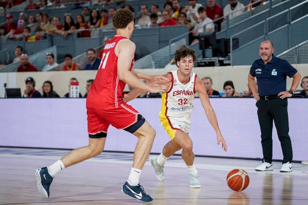 July 2, 2026, Madrid, Madrid, Spain: Mario Sant-Supery of Spain and Sebastian Haubro of Denmark in action during the 2027 Basket World Cup qualifier match played between Spain and Denmark at Caja Magica on July 02, 2026 in Madrid, Spain. Madrid Spain - ZUMAa181 20260702_zaa_a181_028 Copyright: xAngelxPerezxMecax