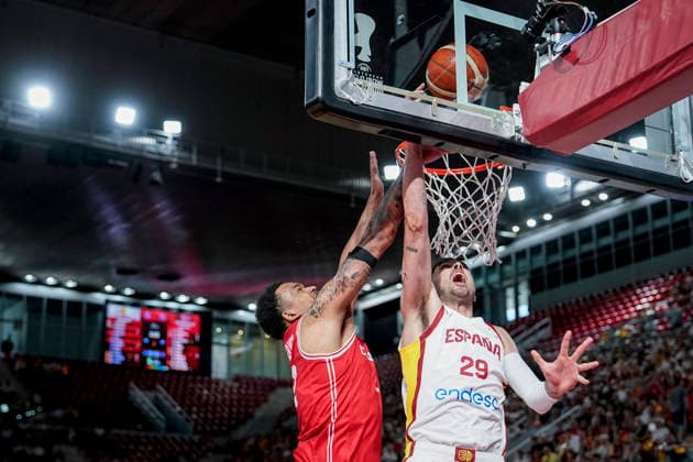 July 2, 2026, Madrid, Madrid, Spain: Pierre Oriola of Spain and Jermaine Ballisager Webb of Denmark in action during the 2027 Basket World Cup qualifier match played between Spain and Denmark at Caja Magica on July 02, 2026 in Madrid, Spain. Madrid Spain - ZUMAa181 20260702_zaa_a181_034 Copyright: xAngelxPerezxMecax