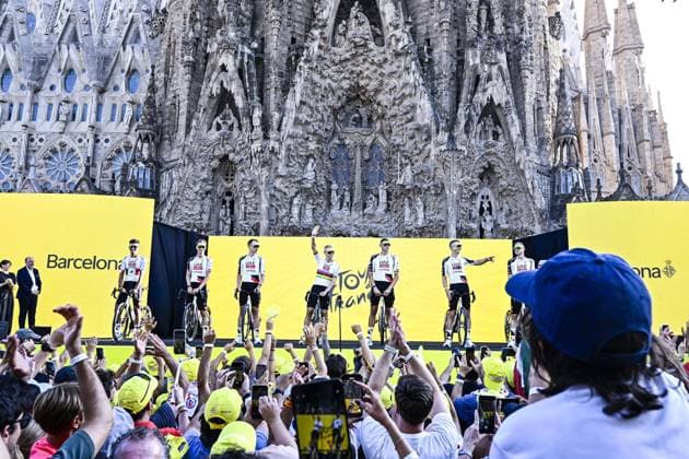 Slovenian Tadej Pogacar of UAE Team Emirates-XRG pictured at the team presentation of the 2026 Tour de France cycling race, Thursday 02 July 2026, in Barcelona, Spain. The 113th edition of the Tour de France starts on Saturday 4 July in Barcelona, Spain, and will finish in Paris, France on the 26th of July. JASPERxJACOBS  x180193993x