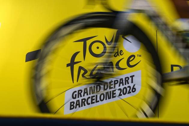 The Tour de France logo pictured at the team presentation of the 2026 Tour de France cycling race, Thursday 02 July 2026, in Barcelona, Spain. The 113th edition of the Tour de France starts on Saturday 4 July in Barcelona, Spain, and will finish in Paris, France on the 26th of July. DAVIDxPINTENS  x180194436x