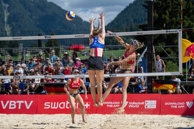 GSTAAD, SWITZERLAND - JULY 2: Svenja Müller (Player No. 1, GER), Cinja Tillmann (Player No. 2, GER) during the Beach Pro Tour - Elite 16 at Gstaad on July 2, 2026 in Gstaad, Switzerland. Switzerland Copyright: xPeterxWeberx