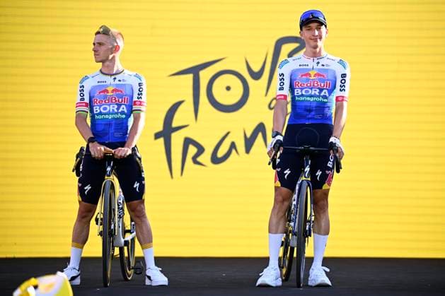 Tour de France 2026 Media Activities 02 07 2026 BARCELONA, SPAIN - JULY 02 : Lipowitz Florian (GER) of Red Bull BORA Hansgrohe, Evenepoel Remco (BEL) of Red Bull BORA Hansgrohe on the podium pictured during the teams presentation prior to the 113rd edition of Tour de France an UCI World Tour 2.UWT Team Time Trial stage for Men Elite of 19 km with start in Barcelona and finish in Barcelona on July 2, 2026 in Barcelona, Spain, 02 07 2026 Barcelona Spain  Copyright: xTomasxSiskx