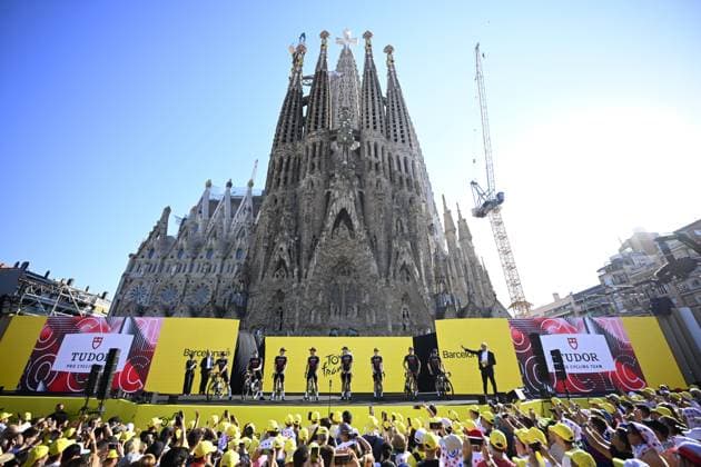 Tour de France 2026 Media Activities 02 07 2026 BARCELONA, SPAIN - JULY 02 : Tudor Pro Cycling Team on the podium pictured during the teams presentation prior to the 113rd edition of Tour de France an UCI World Tour 2.UWT Team Time Trial stage for Men Elite of 19 km with start in Barcelona and finish in Barcelona on July 2, 2026 in Barcelona, Spain, 02 07 2026 Barcelona Spain  Copyright: xTomasxSiskx