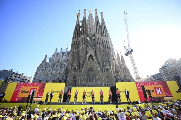 Tour de France 2026 Media Activities 02 07 2026 BARCELONA, SPAIN - JULY 02 : Team Uno-X Mobility on the podium pictured during the teams presentation prior to the 113rd edition of Tour de France an UCI World Tour 2.UWT Team Time Trial stage for Men Elite of 19 km with start in Barcelona and finish in Barcelona on July 2, 2026 in Barcelona, Spain, 02 07 2026 Barcelona Spain  Copyright: xTomasxSiskx