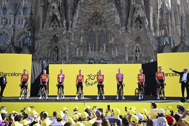 Tour de France 2026 Media Activities 02 07 2026 BARCELONA, SPAIN - JULY 02 : Team Uno-X Mobility on the podium pictured during the teams presentation prior to the 113rd edition of Tour de France an UCI World Tour 2.UWT Team Time Trial stage for Men Elite of 19 km with start in Barcelona and finish in Barcelona on July 2, 2026 in Barcelona, Spain, 02 07 2026 Barcelona Spain  Copyright: xTomasxSiskx