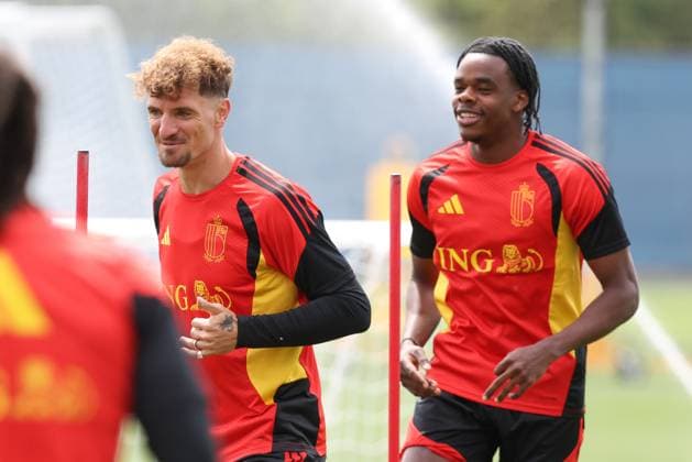 Belgium s Thomas Meunier and Belgium s Nathan Ngoy pictured during a training session of Belgian national soccer team Red Devils, on Thursday 02 July 2026 in their base camp, home of the Seattle Sounders, Renton, Seattle, USA. The Rode Duivels - Diables Rouges qualified for the knockout stage of the 2026 FIFA World Cup, WM, Weltmeisterschaft, Fussball where they ll meet USA in the round of 16 on July 7th. BRUNOxFAHY  x180196362x
