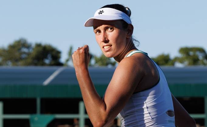 Belgian Elise Mertens celebrates after winning a tennis match against Uzbek Timofeeva, in the second round of the ladies singles at the Wimbledon grand slam tennis tournament in London, Britain, Thursday 02 July 2026. BENOITxDOPPAGNE  x180196913x