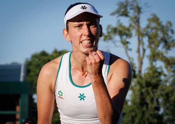 Belgian Elise Mertens celebrates after winning a tennis match against Uzbek Timofeeva, in the second round of the ladies singles at the Wimbledon grand slam tennis tournament in London, Britain, Thursday 02 July 2026. BENOITxDOPPAGNE  x180197163x