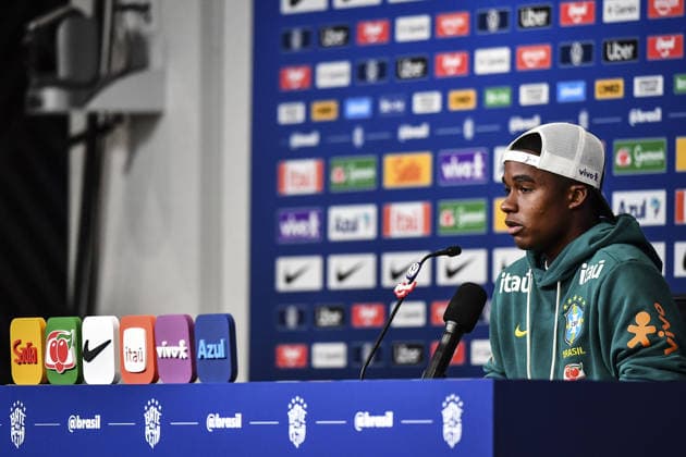 Endrick gives an interview during a Brazilian national team, Nationalteam (Seleção) press conference, PK, Pressekonferenz at the Ridge Hotel in Morristown, New Jersey. (Photo by Rebekah Wynkoop SPP)  Copyright: xRebekahxWynkoop SPPx Sportspressphoto_SPR182784