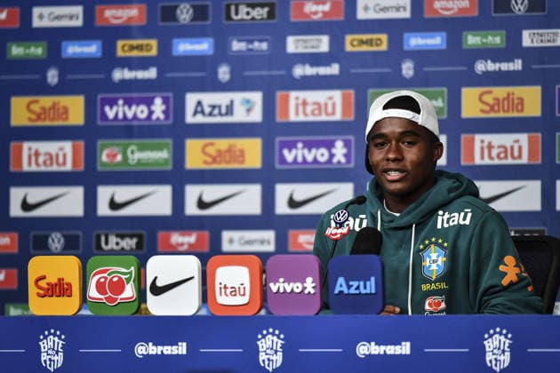 Endrick gives an interview during a Brazilian national team, Nationalteam (Seleção) press conference, PK, Pressekonferenz at the Ridge Hotel in Morristown, New Jersey. (Photo by Rebekah Wynkoop SPP)  Copyright: xRebekahxWynkoop SPPx Sportspressphoto_SPR182787