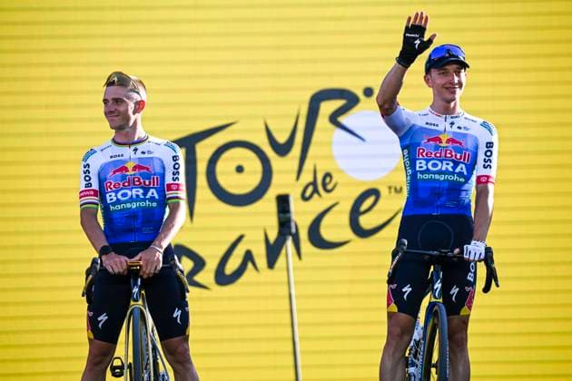Tour de France 2026 Media Activities 02 07 2026 BARCELONA, SPAIN - JULY 02 : Lipowitz Florian (GER) of Red Bull BORA Hansgrohe, Evenepoel Remco (BEL) of Red Bull BORA Hansgrohe on the podium pictured during the teams presentation prior to the 113rd edition of Tour de France an UCI World Tour 2.UWT Team Time Trial stage for Men Elite of 19 km with start in Barcelona and finish in Barcelona on July 2, 2026 in Barcelona, Spain, 02 07 2026 Barcelona Spain  Copyright: xSzymonxGruchalskix