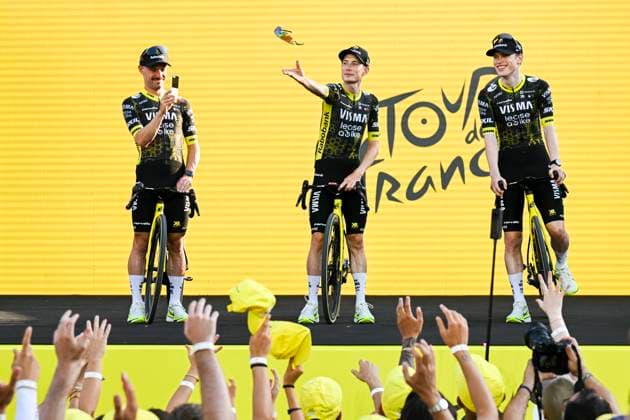 Tour de France 2026 Media Activities 02 07 2026 BARCELONA, SPAIN - JULY 02 : Vingegaard Jonas (DEN) of Team Visma Lease a Bike on the podium pictured during the teams presentation prior to the 113rd edition of Tour de France an UCI World Tour 2.UWT Team Time Trial stage for Men Elite of 19 km with start in Barcelona and finish in Barcelona on July 2, 2026 in Barcelona, Spain, 02 07 2026 Barcelona Spain  Copyright: xSzymonxGruchalskix
