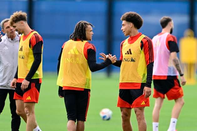 Belgian national football team - FIFA World Cup, WM, Weltmeisterschaft, Fussball 2026 - media activities 02 07 2026 RENTON, UNITED STATES OF AMERICA - JULY 02 : Moreira Da Silva Diego defender of Belgium and Witsel Axel midfielder of Belgium pictured during a training session of the Belgian national football team during the FIFA World Cup 2026 on July 2, 2026 in Renton, United States of America, 02 07 2026 Renton United States of America  Copyright: xJanxDexMeuleneirx