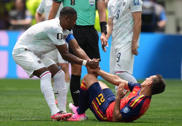 (260703) -- LOS ANGELES, July 3, 2026 -- David Alaba (L) of Austria pulls up Mikel Oyarzabal of Spain during the round of 32 match between Spain and Austria at the 2026 FIFA World Cup, WM, Weltmeisterschaft, Fussball at Los Angeles Stadium in Los Angeles, the United States, July 2, 2026. ) (SP)U.S.-LOS ANGELES-FOOTBALL-FIFA WORLD CUP-ROUND OF 32-ESP VS AUT ChenxYichen 