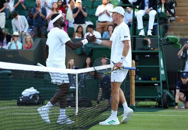 Frances Tiafoe and Jan Choinski shake hands after their third round match Wimbledon Tennis Championships, Day 4, The All England Lawn Tennis and Croquet Club, London, UK - 02 Jul 2026London The All England Lawn Tennis and United Kingdom  Copyright: xKieranxMcManus Shutterstockx 16970349gy