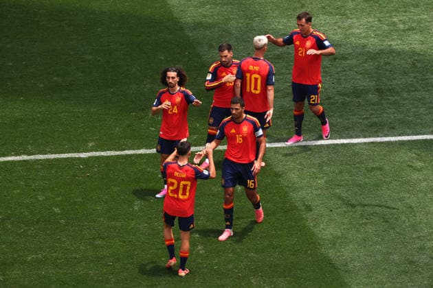 Spanish players celebrate a goal during the FIFA World Cup, WM, Weltmeisterschaft, Fussball 2026 Round of 32 match Spain against Austria, in Los Angeles, United States, 02 July 2026. FIFA World Cup 2026 - Round of 32 - Spain vs Austria !ACHTUNG: NUR REDAKTIONELLE NUTZUNG!  Copyright: xDavidxTorox AME6733 20260702-55020781473_1