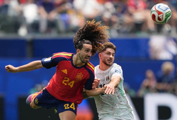 (260703) -- LOS ANGELES, July 3, 2026 -- Marc Cucurella (L) of Spain competes during the round of 32 match between Spain and Austria at the 2026 FIFA World Cup, WM, Weltmeisterschaft, Fussball at Los Angeles Stadium in Los Angeles, the United States, July 2, 2026. ) (SP)U.S.-LOS ANGELES-FOOTBALL-FIFA WORLD CUP-ROUND OF 32-ESP VS AUT ChenxYichen 