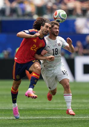 (260703) -- LOS ANGELES, July 3, 2026 -- Marc Cucurella (L) of Spain competes with Romano Schmid of Austria during the round of 32 match between Spain and Austria at the 2026 FIFA World Cup, WM, Weltmeisterschaft, Fussball at Los Angeles Stadium in Los Angeles, the United States, July 2, 2026. ) (SP)U.S.-LOS ANGELES-FOOTBALL-FIFA WORLD CUP-ROUND OF 32-ESP VS AUT ChenxYichen 