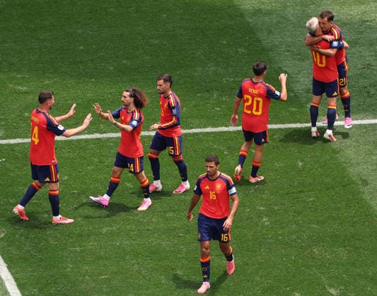 (260703) -- LOS ANGELES, July 3, 2026 -- Mikel Oyarzabal (top R) of Spain celebrates after scoring with Dani Olmo during the round of 32 match between Spain and Austria at the 2026 FIFA World Cup, WM, Weltmeisterschaft, Fussball at Los Angeles Stadium in Los Angeles, the United States, July 2, 2026. ) (SP)U.S.-LOS ANGELES-FOOTBALL-FIFA WORLD CUP-ROUND OF 32-ESP VS AUT LixYing 