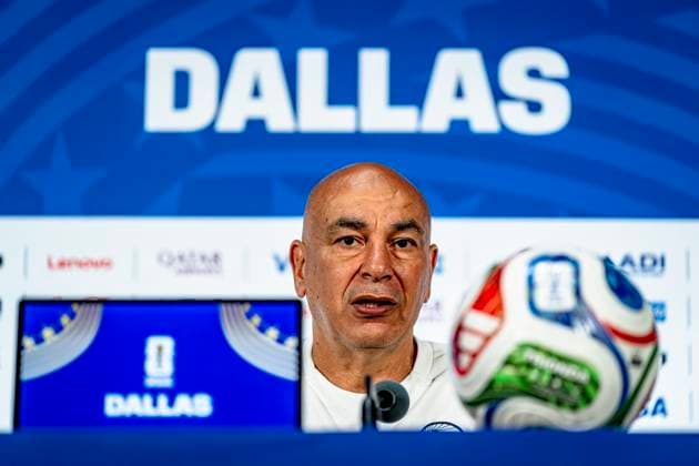 DALLAS - Egypt national coach Hossam Hassan during the 2026 World Cup, Egypt MD-1 press conference, PK, Pressekonferenz at AT&T Stadium on July 2, 2026 in Dallas, United States. (Photo by Stefan Koops EYE4IMAGES DeFodi Images) - *** DALLAS: Egypt national team coach Hossam Hassan during the 2026 World Cup, Egypt Match Day 1 press conference at AT&T Stadium on July 2, 2026, in Dallas, United States. Photo by Stefan Koops, EYE4IMAGES, DeFodi Images