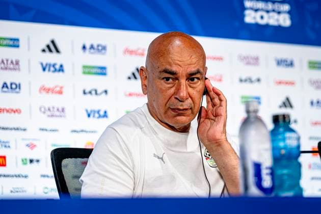 DALLAS - Egypt national coach Hossam Hassan during the 2026 World Cup, Egypt MD-1 press conference, PK, Pressekonferenz at AT&T Stadium on July 2, 2026 in Dallas, United States. (Photo by Stefan Koops EYE4IMAGES DeFodi Images) - *** DALLAS: Egypt national team coach Hossam Hassan during the 2026 World Cup, Egypt Match Day 1 press conference at AT&T Stadium on July 2, 2026, in Dallas, United States. Photo by Stefan Koops, EYE4IMAGES, DeFodi Images