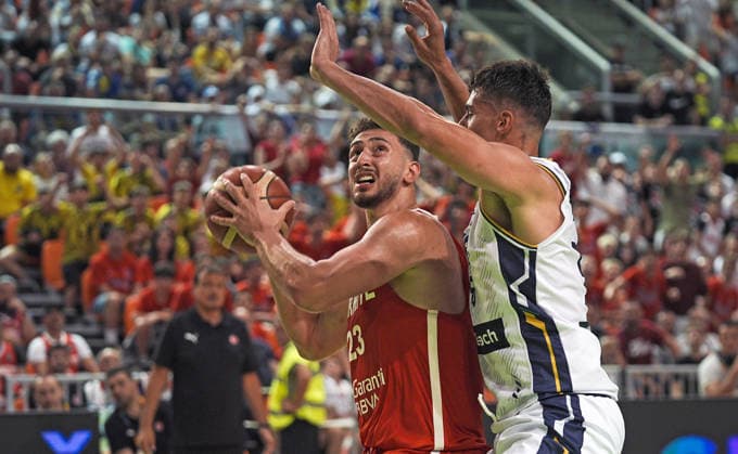 Bosnia and Herzegovina v Turkiye - FIBA Basketball World Cup 2027 European Qualifiers ZENICA, BOSNIA AND HERZEGOVINA - JULY 2: Alperen Sengun (L) of Turkiye in action during the FIBA Basketball World Cup 2027 first round match between Bosnia and Herzegovina and Turkiye at Husejin Smajlovic Hall in Zenica, Bosnia and Herzegovina, on July 2, 2026. Samir Jordamovic Anadolu Zenica Bosnia and Herzegovina. Editorial use only. Please get in touch for any other usage.  Copyright: x2026xAnadoluxSamirxJordamovicx
