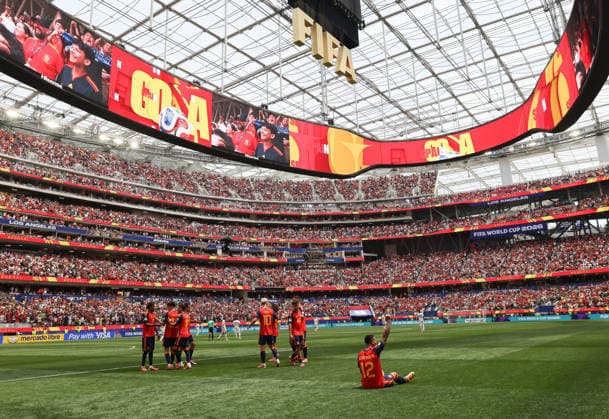 (260703) -- LOS ANGELES, July 3, 2026 -- Pedro Porro (1st R) of Spain celebrates after scoring during the round of 32 match between Spain and Austria at the 2026 FIFA World Cup, WM, Weltmeisterschaft, Fussball at Los Angeles Stadium in Los Angeles, the United States, July 2, 2026. ) (SP)U.S.-LOS ANGELES-FOOTBALL-FIFA WORLD CUP-ROUND OF 32-ESP VS AUT ChenxYichen 