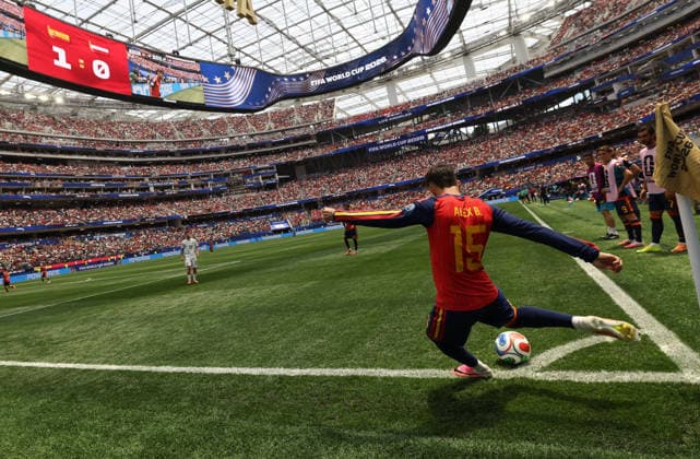(260703) -- LOS ANGELES, July 3, 2026 -- Alex Baena of Spain takes a corner kick during the round of 32 match between Spain and Austria at the 2026 FIFA World Cup, WM, Weltmeisterschaft, Fussball at Los Angeles Stadium in Los Angeles, the United States, July 2, 2026. ) (SP)U.S.-LOS ANGELES-FOOTBALL-FIFA WORLD CUP-ROUND OF 32-ESP VS AUT ChenxYichen 