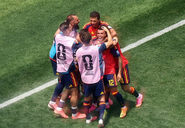 (260703) -- LOS ANGELES, July 3, 2026 -- Pedro Porro (1st R) of Spain celebrates with teammates after scoring during the round of 32 match between Spain and Austria at the 2026 FIFA World Cup, WM, Weltmeisterschaft, Fussball at Los Angeles Stadium in Los Angeles, the United States, July 2, 2026. ) (SP)U.S.-LOS ANGELES-FOOTBALL-FIFA WORLD CUP-ROUND OF 32-ESP VS AUT LixYing 