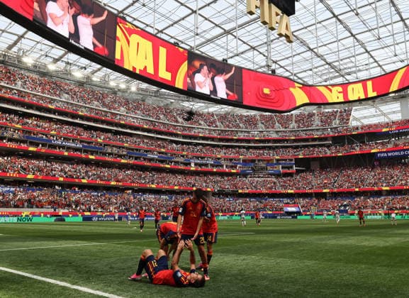(260703) -- LOS ANGELES, July 3, 2026 -- Mikel Oyarzabal (down) of Spain celebrates with teammates after scoring during the round of 32 match between Spain and Austria at the 2026 FIFA World Cup, WM, Weltmeisterschaft, Fussball at Los Angeles Stadium in Los Angeles, the United States, July 2, 2026. ) (SP)U.S.-LOS ANGELES-FOOTBALL-FIFA WORLD CUP-ROUND OF 32-ESP VS AUT ChenxYichen 