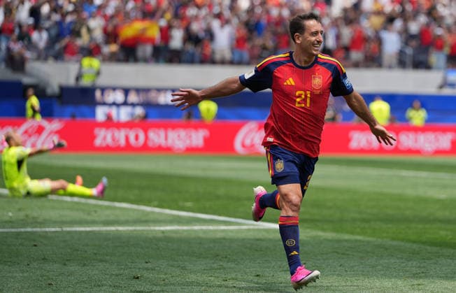 (260703) -- LOS ANGELES, July 3, 2026 -- Mikel Oyarzabal of Spain celebrates after scoring during the round of 32 match between Spain and Austria at the 2026 FIFA World Cup, WM, Weltmeisterschaft, Fussball at Los Angeles Stadium in Los Angeles, the United States, July 2, 2026. ) (SP)U.S.-LOS ANGELES-FOOTBALL-FIFA WORLD CUP-ROUND OF 32-ESP VS AUT ChenxYichen 