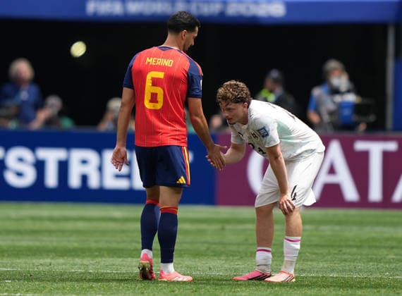 (260703) -- LOS ANGELES, July 3, 2026 -- Mikel Merino (L) of Spain greets Paul Wanner of Austria after the round of 32 match between Spain and Austria at the 2026 FIFA World Cup, WM, Weltmeisterschaft, Fussball at Los Angeles Stadium in Los Angeles, the United States, July 2, 2026. ) (SP)U.S.-LOS ANGELES-FOOTBALL-FIFA WORLD CUP-ROUND OF 32-ESP VS AUT ChenxYichen 