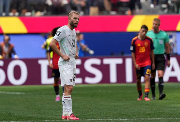 (260703) -- LOS ANGELES, July 3, 2026 -- Konrad Laimer of Austria reacts during the round of 32 match between Spain and Austria at the 2026 FIFA World Cup, WM, Weltmeisterschaft, Fussball at Los Angeles Stadium in Los Angeles, the United States, July 2, 2026. ) (SP)U.S.-LOS ANGELES-FOOTBALL-FIFA WORLD CUP-ROUND OF 32-ESP VS AUT HuangxZongzhi 