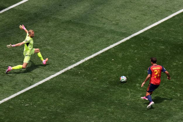 (260703) -- LOS ANGELES, July 3, 2026 -- Mikel Oyarzabal (R) of Spain shoots and scores during the round of 32 match between Spain and Austria at the 2026 FIFA World Cup, WM, Weltmeisterschaft, Fussball at Los Angeles Stadium in Los Angeles, the United States, July 2, 2026. ) (SP)U.S.-LOS ANGELES-FOOTBALL-FIFA WORLD CUP-ROUND OF 32-ESP VS AUT LixYing 