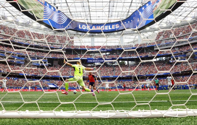 (260703) -- LOS ANGELES, July 3, 2026 -- Mikel Oyarzabal (R) of Spain shoots and scores during the round of 32 match between Spain and Austria at the 2026 FIFA World Cup, WM, Weltmeisterschaft, Fussball at Los Angeles Stadium in Los Angeles, the United States, July 2, 2026. ) (SP)U.S.-LOS ANGELES-FOOTBALL-FIFA WORLD CUP-ROUND OF 32-ESP VS AUT ChenxYichen 